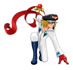 Rule 34 | 1boy, absurdres, blonde hair, bodysuit, boots, capcom, full body, gan-chan, gloves, hat, highres, kendama, kneeling, male focus, manly, mask, mori toshiaki, official art, on one knee, open collar, outstretched arms, peaked cap, scarf, simple background, solo, spread arms, takada gan, tatsunoko production, tatsunoko vs capcom, time bokan (series), yatterman