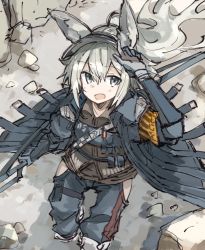 Rule 34 | 1girl, :d, animal ears, arknights, blue jacket, blue pants, grani (arknights), grey eyes, grey hair, hair between eyes, holding, holding polearm, holding spear, holding weapon, horse ears, jacket, long hair, looking at viewer, looking up, open mouth, pants, polearm, ponytail, rubble, shiduki eku, smile, solo, spear, standing, weapon