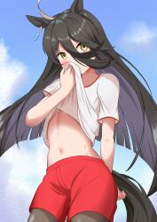 Rule 34 | 1girl, absurdres, ahoge, animal ears, arm behind back, black hair, blue sky, blush, clothes lift, cloud, commentary request, cowboy shot, day, earrings, flat chest, gym uniform, hair between eyes, highres, horse ears, horse girl, horse tail, isolatte, jewelry, lifted by self, long bangs, long hair, looking at viewer, manhattan cafe (umamusume), multicolored hair, navel, original race uniform (umamusume), red shorts, shirt, shirt lift, short sleeves, shorts, sidelocks, single earring, sky, solo, standing, stomach, sweat, tail, umamusume, white hair, white shirt, yellow eyes