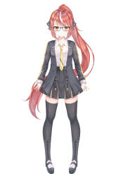 Rule 34 | 1girl, black-framed eyewear, black footwear, black jacket, black skirt, black thighhighs, blush, boots, breasts, brown eyes, closed mouth, collared shirt, commentary request, full body, glasses, highres, jacket, large breasts, long hair, looking at viewer, multicolored hair, necktie, open clothes, open jacket, original, pleated skirt, ponytail, red hair, shirt, simple background, skirt, sleeves past wrists, smile, solo, standing, streaked hair, synn032, thighhighs, very long hair, white background, white hair, white shirt, yellow necktie