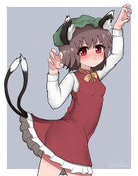 Rule 34 | 1girl, absurdres, animal ears, arms up, blush, bow, brown hair, cat ears, cat tail, chen, cowboy shot, dress, ear piercing, earrings, green hat, hat, highres, jewelry, long sleeves, mob cap, multiple tails, nekomata, piercing, red dress, red eyes, short hair, single earring, solo, tail, topadori, touhou, two tails