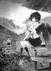 Rule 34 | 3girls, animal ears, black wings, cellphone, checkered clothes, checkered skirt, closed mouth, cloud, cloudy sky, feathered wings, from behind, geta, greyscale, hand fan, hand on own hip, hand on own thigh, hat, himekaidou hatate, holding, holding fan, holding phone, inubashiri momiji, ken (coffee michikusa), leaf fan, long hair, looking at viewer, looking back, monochrome, multiple girls, necktie, outdoors, phone, pleated skirt, puffy short sleeves, puffy sleeves, shameimaru aya, shield, shirt, short hair, short sleeves, sitting, skirt, sky, socks, thighhighs, tokin hat, touhou, wings, wolf ears