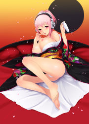 Rule 34 | 1girl, alcohol, bare legs, bare shoulders, barefoot, breasts, cait aron, cameltoe, cherry blossoms, feet, hair up, headphones, highres, japanese clothes, kimono, large breasts, nipples, nitroplus, off shoulder, open mouth, panties, petals, pink hair, red eyes, sake, solo, super sonico, underwear, white panties