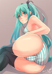 Rule 34 | 10s, 1girl, 2012, aqua eyes, aqua hair, artist name, ass, bad id, bad pixiv id, bra, cameltoe, dated, dream of abell, hair ribbon, hatsune miku, highres, huge ass, long hair, panties, ribbon, simple background, solo, striped clothes, striped panties, thighhighs, twintails, underwear, underwear only, vocaloid
