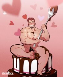Rule 34 | 1boy, akashi (live a hero), bara, blush, cake, chocolate, chocolate on body, chocolate on pectorals, chocolate penis, completely nude, facial hair, facing viewer, flexing pectorals, food, food on body, full body, goatee, grin, happy, heart, heart background, highres, holding, holding spoon, large pectorals, layer cake, live a hero, long sideburns, male focus, mini person, miniboy, muscular, muscular male, nipples, nude, otokobara, oversized object, pectoral press, pectorals, penis rest, pink background, red eyes, red hair, scar, scar on face, scar on nose, short hair, sideburns, smile, solo, sparse navel hair, spoon, thick eyebrows, thick thighs, thighs, valentine