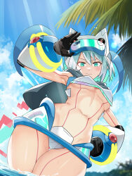 Rule 34 | bikini, blue eyes, blue hair, blush, breasts, crotch plate, goggles, goggles on head, ico (megaman x dive), light blue hair, looking at viewer, medium breasts, mega man (series), mega man x (series), mega man x dive, ocean, palm tree, popo (popo0cat), robot girl, swimsuit, tagme, tree