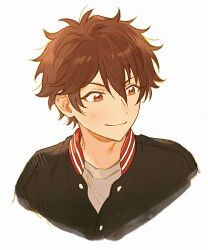 Rule 34 | 1boy, 250peicai, black jacket, brown eyes, brown hair, buttons, closed mouth, ensemble stars!, highres, jacket, male focus, morisawa chiaki, portrait, short hair, simple background, smile, solo, white background