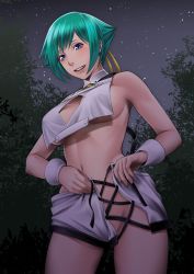 Rule 34 | 10s, 1girl, aquarion (series), aquarion evol, backless outfit, bare shoulders, breasts, cleavage cutout, clothing cutout, crop top, crop top overhang, female focus, green hair, highres, large breasts, looking at viewer, night, no bra, no panties, open mouth, purple eyes, ragetsu, short hair, shorts, sideboob, sky, smile, solo, star (symbol), underboob, untied, zessica wong