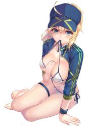 Rule 34 | 1girl, ahoge, arm between breasts, artoria pendragon (fate), bad id, bad twitter id, baseball cap, between breasts, bikini, bikini in mouth, blonde hair, blue eyes, blue hat, blush, breasts, cleavage, clothes in mouth, collarbone, fate/grand order, fate (series), hair between eyes, hair through headwear, hat, highres, large breasts, long hair, looking at viewer, mysterious heroine x (fate), mysterious heroine xx (fate), navel, ponytail, shrug (clothing), side-tie bikini bottom, simple background, sitting, solo, suigetsu (hjs1106), swimsuit, thigh strap, untied bikini, white background, white bikini, yokozuwari