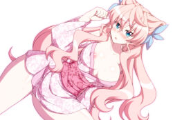 1girl aqua_eyes blush breasts cleavage hair_between_eyes hair_ornament japanese_clothes kimono large_breasts long_hair looking_at_viewer maria_cadenzavna_eve open_mouth pink_hair senki_zesshou_symphogear shiny_skin solo very_long_hair yukata zetsumu