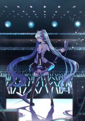 Rule 34 | 1girl, arm behind back, audience, bare shoulders, black footwear, black skirt, black sleeves, black thighhighs, blue eyes, blue hair, blurry, blurry foreground, boots, breasts, closed mouth, collared shirt, commentary, concert, danjou sora, depth of field, detached sleeves, glowstick, grey shirt, hair between eyes, hair ornament, hatsune miku, headphones, highres, holding, long sleeves, looking at viewer, looking back, microphone, microphone stand, pleated skirt, profile, shirt, sidelocks, skirt, sleeveless, sleeveless shirt, small breasts, solo, speaker, stage, thigh boots, thighhighs, twintails, vocaloid