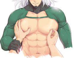 Rule 34 | 2boys, abs, bara, cha chi (artist), character request, groping, highres, male focus, multiple boys, muscular, nipples, onmyoji, pectorals, pov, smile, solo focus, white hair, yaoi