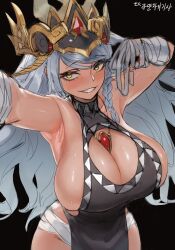 Rule 34 | 1girl, armpits, bandaged arm, bandages, black dress, braid, breasts, cleavage, dress, grey hair, headgear, highres, huge breasts, jewelry, kahill, korean text, long hair, looking at viewer, necklace, original, pelvic curtain, selfie, side braid, simple background, sleeveless, sleeveless dress, solo, very long hair, yellow eyes