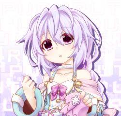 Rule 34 | 10s, 1girl, bare shoulders, braid, character doll, character name, choker, doll, long hair, looking at viewer, mizunashi (second run), needle, neptune (neptunia), neptune (series), purple eyes, purple hair, pururut, ribbon, sewing, sewing needle, solo, stuffed toy, thread