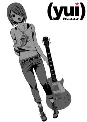 Rule 34 | 1girl, boots, clothes lift, denim, earrings, greyscale, guitar, hair over one eye, hirasawa yui, instrument, inui sekihiko, jeans, jewelry, k-on!, listen!!, midriff, monochrome, navel, open mouth, pants, round teeth, shirt lift, solo, teeth, the rolling stones