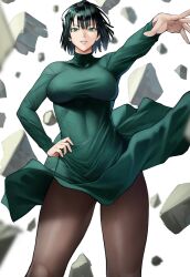 Rule 34 | 1girl, absurdres, breasts, brown pantyhose, dress, floating rock, fubuki (one-punch man), green eyes, green hair, hand on own hip, highres, large breasts, lips, long sleeves, looking at viewer, one-punch man, pantyhose, parted lips, short hair, solo, standing, yoshio (55level)