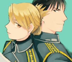 Rule 34 | 1boy, 1girl, amestris military uniform, aqua background, black eyes, black hair, blonde hair, blurry, brown eyes, close-up, commentary, depth of field, earrings, eyelashes, folded ponytail, fullmetal alchemist, jewelry, light smile, looking at another, looking back, military, military uniform, ozaki (tsukiko3), profile, riza hawkeye, roy mustang, simple background, smile, spiked hair, uniform, upper body