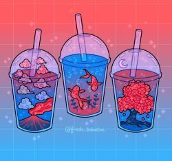 Rule 34 | blue background, blue clouds, bubble, crescent moon, cup, disposable cup, drink, drinking straw, emily kim, falling petals, fish, flower, food focus, gradient background, grid background, highres, lid, limited palette, liquid, moon, no humans, original, petals, red background, red clouds, red flower, red petals, sparkle, tree, volcano, whorled clouds