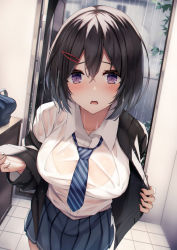 Rule 34 | 1girl, absurdres, black hair, black jacket, blue necktie, blue skirt, blush, breasts, collared shirt, commentary request, crossed bangs, hair between eyes, hair ornament, hairclip, highres, indoors, jacket, large breasts, liya, long sleeves, looking at viewer, necktie, original, parted lips, pleated skirt, purple eyes, rain, school uniform, see-through, shirt, short hair, skirt, solo, striped necktie, wet, wet clothes, white shirt