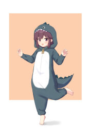 1girl barefoot blush brown_hair cosplay godzilla godzilla_(cosplay) highres kuramoto_takato looking_at_viewer machikado_mazoku open_mouth orange_background pajamas purple_eyes short_hair simple_background smile solo standing standing_on_one_leg yoshida_ryouko