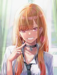 Rule 34 | 1girl, :d, absurdres, black choker, black necktie, blonde hair, blush, breasts, choker, cleavage, curtains, ear piercing, earrings, fake nails, grin, highres, indoors, jewelry, kitagawa marin, looking at viewer, loose necktie, necktie, open collar, open mouth, piercing, pink eyes, ring, rur (ml ruru), smile, solo, sono bisque doll wa koi wo suru, upper body, v