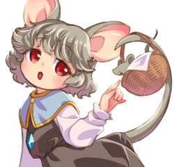 Rule 34 | 1girl, animal ears, basket, blue capelet, blush, capelet, commentary request, cowboy shot, crystal, dress, grey dress, grey hair, h haniwa, jewelry, long sleeves, looking at viewer, mouse (animal), mouse ears, mouse girl, mouse tail, nazrin, open mouth, pendant, red eyes, shirt, short hair, simple background, solo, tail, touhou, white background, white shirt