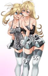 Rule 34 | 2girls, apron, blonde hair, blue eyes, grabbing another&#039;s breast, breasts, character request, cleavage, commission, elbow gloves, feet out of frame, gloves, grabbing, hair ribbon, highres, kantai collection, large breasts, multiple girls, nico-mo, no bra, original, ribbon, sweat, thighhighs, two-tone shorts, white gloves, yuri