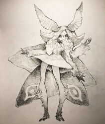 Rule 34 | 1girl, arm up, arthropod girl, black eyes, clawed feet, claws, covered mouth, dress, extra arms, fur-trimmed dress, fur trim, gawki, greyscale, insect girl, insect wings, long hair, looking at viewer, monochrome, monster girl, moth girl, moth wings, original, sketch, solid eyes, solo, wing-shaped hair, wings