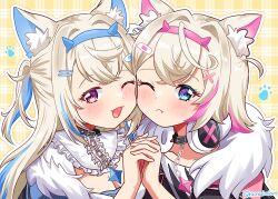 Rule 34 | 2girls, ;&lt;, ;d, amai-tapioca, animal collar, animal ear fluff, animal ears, bandaid, bandaid on head, belt collar, black collar, blonde hair, blue eyes, blue hairband, blush, breasts, chain, chain leash, cheek-to-cheek, cleavage, closed mouth, collar, commentary request, crossed bangs, dog ears, dog girl, fang, frilled shirt collar, frills, fur trim, fuwawa abyssgard, hair ornament, hairband, hairclip, headphones, headphones around neck, heads together, holding hands, hololive, hololive english, horn hairband, leash, looking at viewer, medium breasts, mococo abyssgard, multicolored hair, multiple girls, one eye closed, open mouth, paw print, pink eyes, pink hairband, plaid, plaid background, portrait, shirt, siblings, simple background, sisters, skin fang, small breasts, smile, spiked collar, spikes, streaked hair, twins, virtual youtuber, white shirt, x hair ornament, yellow background