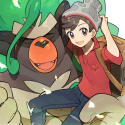 Rule 34 | 1boy, :d, beanie, brown eyes, brown hair, cable knit, carrying, commentary request, creatures (company), denim, game freak, gen 8 pokemon, grey headwear, happy, hat, highres, jeans, male focus, nintendo, open mouth, pants, pokemon, pokemon (creature), pokemon swsh, rata (m40929), red shirt, rillaboom, shirt, short hair, sleeves rolled up, smile, suitcase, swept bangs, tongue, torn clothes, torn jeans, torn pants, victor (pokemon), white background