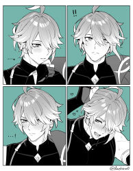 Rule 34 | !, !!, ...!, 1boy, ahoge, alhaitham (genshin impact), blush, cape, closed mouth, commentary request, expressions, genshin impact, gloves, greyscale, hair between eyes, hair over one eye, heart, male focus, meiji (meiji770), monochrome, multiple views, open mouth, partially fingerless gloves, saliva, simple background, sweat, twitter username, upper body
