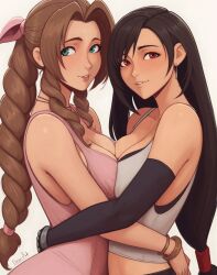 2girls aerith_gainsborough artist_name black_hair bow bracelet braid breast_press breasts brown_hair cleavage desm0nt dress earrings female_focus final_fantasy final_fantasy_vii final_fantasy_vii_remake green_eyes hair_bow hug jewelry large_breasts long_hair looking_at_viewer low-tied_long_hair multiple_girls parted_lips pink_bow pink_dress red_eyes signature smile symmetrical_docking tifa_lockhart twin_braids yuri