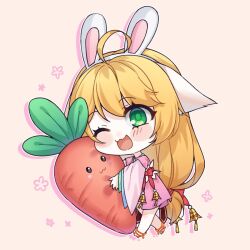 Rule 34 | 1girl, :3, ;d, ahoge, animal ears, anklet, bare legs, bell, blonde hair, blush, bow, carrot, chibi, chinese clothes, dress, ears down, fake animal ears, flower, fox ears, full body, green eyes, hanfu, highres, holding, holding carrot, huyao xiao hongniang, jewelry, kumu zaisheng, layered sleeves, long hair, long sleeves, low-tied long hair, one eye closed, open mouth, oversized food, oversized object, pink background, pink dress, pink flower, rabbit ears, red bow, smile, solo, tushan susu, waist bow, walking, wide sleeves