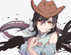 Rule 34 | 1girl, bandana, bare shoulders, black hair, black wings, blue bandana, blue shirt, breasts, brown hat, cleavage, closed mouth, commentary request, cowboy hat, eyes visible through hair, feathered wings, fingernails, hair between eyes, hand up, hat, horseshoe earrings, kurokoma saki, light blush, long hair, looking at viewer, medium breasts, off-shoulder shirt, off shoulder, pegasus wings, puffy short sleeves, puffy sleeves, red eyes, shirt, short sleeves, simple background, smile, solo, syuri22, touhou, upper body, very long hair, white background, wings