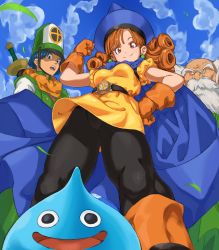 Rule 34 | 1girl, 2boys, absurdres, alena (dq4), black pantyhose, blue cape, blue headwear, blue sky, breasts, brey, cape, clift, closed mouth, cloud, curly hair, day, dragon quest, dragon quest iv, dress, earrings, from below, gloves, grass, hand on own hip, hat, highres, jewelry, long hair, looking at viewer, looking down, multiple boys, orange footwear, orange gloves, orange hair, outdoors, pantyhose, pretty-purin720, red eyes, short dress, short sleeves, sky, slime (dragon quest), small breasts, smile, upskirt, yellow dress