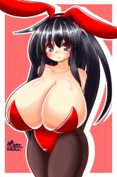 Rule 34 | 10s, 1girl, akatsuki (kancolle), animal ears, ayazumi flutter, bare shoulders, black eyes, black hair, blush, breasts, collarbone, fake animal ears, female focus, gigantic breasts, hair ornament, kantai collection, leotard, long hair, looking at viewer, pantyhose, playboy bunny, rabbit ears, red theme, signature, simple background, solo, standing