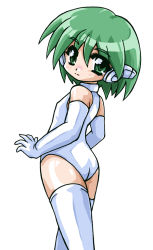 Rule 34 | ass, bad id, bad pixiv id, elbow gloves, gloves, green eyes, green hair, leotard, looking back, multi (to heart), okuri ookami, robot ears, short hair, solo, thighhighs, to heart, to heart (series)