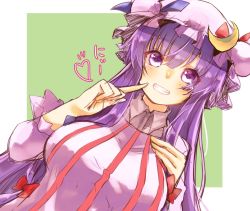 Rule 34 | 1girl, bad id, bad twitter id, blue ribbon, breasts, crescent, crescent hair ornament, dress, finger to face, frilled sleeves, frills, hair ornament, hair ribbon, hat, hat ribbon, large breasts, long hair, mob cap, pajamas, patchouli knowledge, purple eyes, purple hair, red ribbon, ribbon, sketch, smile, solo, striped clothes, striped dress, teeth, touhou, varyu