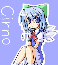 Rule 34 | 1girl, blue background, blue dress, blue eyes, blue hair, bow, character name, cirno, dress, female focus, hair bow, happy go lucky, ice, ice wings, looking at viewer, lowres, matching hair/eyes, oekaki, red ribbon, ribbon, shoot the bullet, short hair, short sleeves, sitting, solo, touhou, v arms, wings, yuuhi alpha