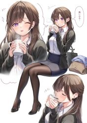 Rule 34 | 1girl, amagi shino, black footwear, black jacket, black pantyhose, blowing, blue skirt, brown hair, burnt tongue, coffee, collared shirt, commentary request, cup, drinking, full body, high heels, highres, holding, holding cup, jacket, long hair, long sleeves, mug, multiple views, office lady, one eye closed, open clothes, open jacket, original, pantyhose, pencil skirt, purple eyes, receptionist girl (amagi shino), shirt, signature, sitting, skirt, tongue, tongue out, white shirt