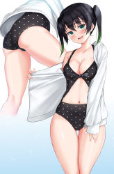 Rule 34 | 1girl, absurdres, ass, black hair, black one-piece swimsuit, blue background, breasts, casual one-piece swimsuit, cleavage, commentary request, cowboy shot, gluteal fold, gradient background, green eyes, highres, jacket, long hair, looking at viewer, love live!, love live! nijigasaki high school idol club, medium breasts, medium hair, multiple views, navel, one-piece swimsuit, open clothes, open jacket, polka dot, polka dot swimsuit, rama (yu-light8), swimsuit, takasaki yu, thigh gap, white background, white jacket