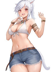 Rule 34 | 1girl, animal ears, belt, bikini, bikini top only, blush, breasts, brown belt, cat ears, cat girl, cat tail, cleavage, commission, cowboy shot, cutoffs, denim, denim shorts, facial mark, final fantasy, final fantasy xiv, front-tie bikini top, front-tie top, hands up, highres, jewelry, looking at viewer, medium breasts, medium hair, miqo&#039;te, mole, mole on breast, multiple bracelets, navel, necklace, open mouth, parted bangs, red eyes, shorts, sideboob, simple background, skeb commission, solo, swimsuit, tail, teeth, thighs, torisanff14, upper teeth only, warrior of light (ff14), whisker markings, white background, white bikini, white hair, white tail