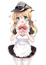 Rule 34 | 10s, 1girl, :d, alternate costume, animal ears, bell, bell earrings, blonde hair, blush, bow, breasts, cat ears, cleavage, detached collar, dress, earrings, enmaided, green eyes, heart, heart hands, jewelry, jingle bell, kantai collection, kemonomimi mode, long hair, maid, nikoo, open mouth, prinz eugen (kancolle), smile, solo, thighhighs, twintails, white hair, zettai ryouiki