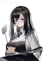 Rule 34 | 1girl, absurdres, apron, arknights, black apron, black hair, breasts, coat, highres, holding, holding spatula, large breasts, long hair, long sleeves, looking at viewer, open clothes, open coat, parted lips, priestess (arknights), purple eyes, shirt, simple background, solo, spatula, spoilers, tablet pc, upper body, white background, white coat, white shirt, yushe quetzalli