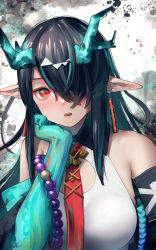 Rule 34 | 1girl, absurdres, aqua hair, arknights, bare shoulders, beads, black hair, breasts, colored skin, detached sleeves, dragon horns, dusk (arknights), earrings, green skin, hair over one eye, hand on own cheek, hand on own face, highres, horns, jewelry, large breasts, long sleeves, looking at viewer, multicolored hair, necktie, open mouth, pointy ears, red eyes, red necktie, revision, signature, solo, streaked hair, two-tone hair, upper body, welt (kinsei koutenkyoku)