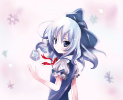 Rule 34 | blue eyes, blue hair, bow, cirno, embodiment of scarlet devil, hair bow, ice, kukyo, looking back, no nose, serious, short hair, snowflakes, solo, touhou