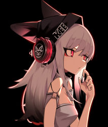Rule 34 | 1girl, animal ear headwear, animal ears, arknights, black background, black hat, breasts, detached collar, eyebrows hidden by hair, fake animal ears, finger to mouth, from side, frostleaf (arknights), ghost (tama), grey hair, grey shirt, hat, headphones, highres, implied extra ears, medium breasts, red eyes, shirt, solo, strapless, strapless shirt