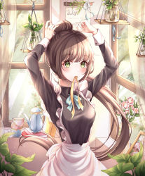 Rule 34 | 1girl, absurdres, apron, bad id, bad pixiv id, black shirt, blunt bangs, book, bow, bowtie, brown hair, calendar (object), collared shirt, cup, dot nose, dressing, flower, green eyes, hair between eyes, hair bun, hair tie, highres, huge filesize, indoors, long hair, maid, mouth hold, original, pippin (pippin sol), plant, ponytail, potted plant, ribbon, shirt, single hair bun, solo, standing, teacup, teapot, very long hair, window, yellow ribbon