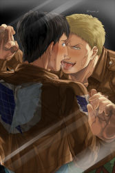 Rule 34 | 2boys, :p, against glass, back, bertolt hoover, black hair, blonde hair, blush, breath, cropped jacket, dark-skinned male, dark skin, from behind, holding hands, imminent kiss, jacket, leather, leather jacket, looking at viewer, male focus, multiple boys, paradis military uniform, reiner braun, shingeki no kyojin, short hair, sweatdrop, three-dimensional maneuver gear, tongue, tongue out, upper body, yaoi, zyunya