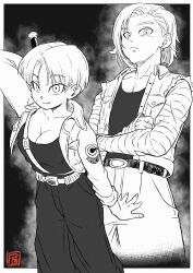 Rule 34 | 1boy, 1girl, absurdres, android 18, breasts, cleavage, commentary, dragon ball, dragonball z, earrings, english commentary, frown, genderswap, genderswap (ftm), genderswap (mtf), greyscale, highres, jacket, jewelry, large breasts, medium hair, monochrome, pants, pink mousse, short hair, signature, sleeves past wrists, sleeves rolled up, smile, sword, trunks (dragon ball), trunks (future) (dragon ball), weapon, weapon on back